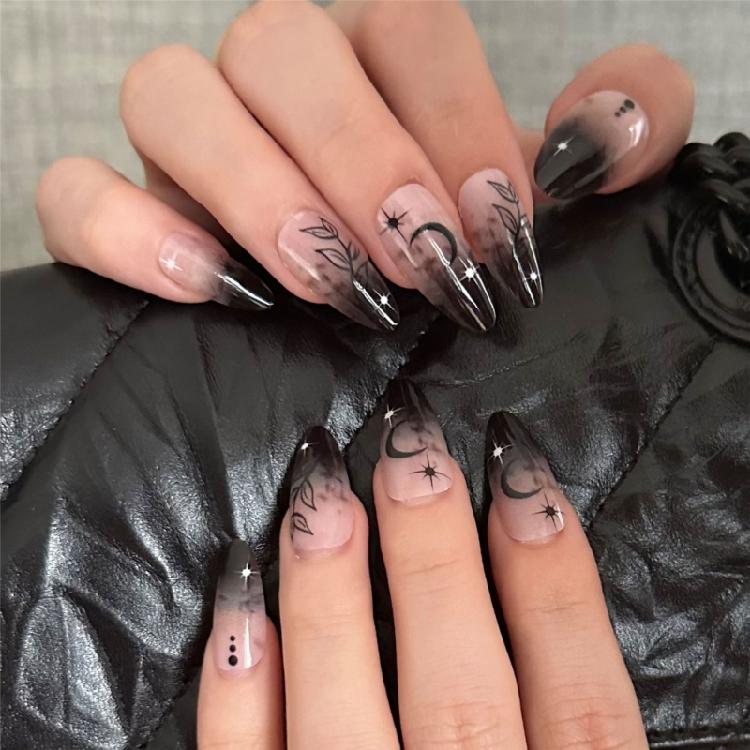 24 Pcs Gradient Stick on Nail Star Moon Artificial Nail Medium Almond False Nail Glossy Press On Nail for Woman