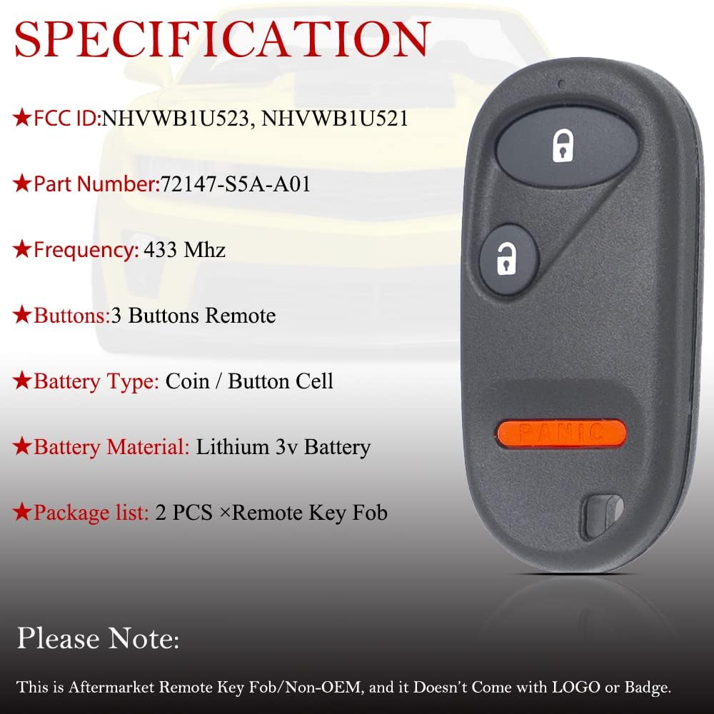 MechanMagic Key Fob Remote Replacement Fits For Honda Civic DX EX LX/Honda Pilot 2001 2002 2003 2004 2005 2006 2007 NHVWB1U523 Keyless Entry Remote