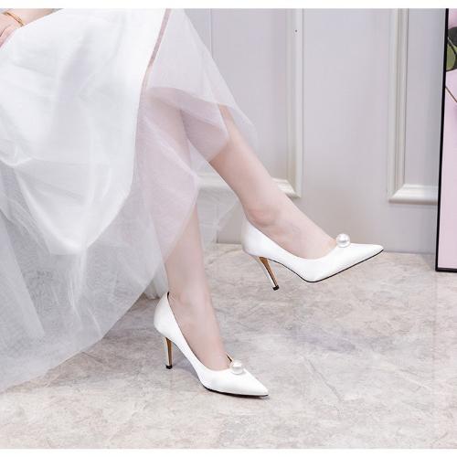Fashion 2025 New Wedding Shoes Women Pearl Buckle Red High Heels Stiletto Bridesmaid White Bridal Shoes Black Work Shoes