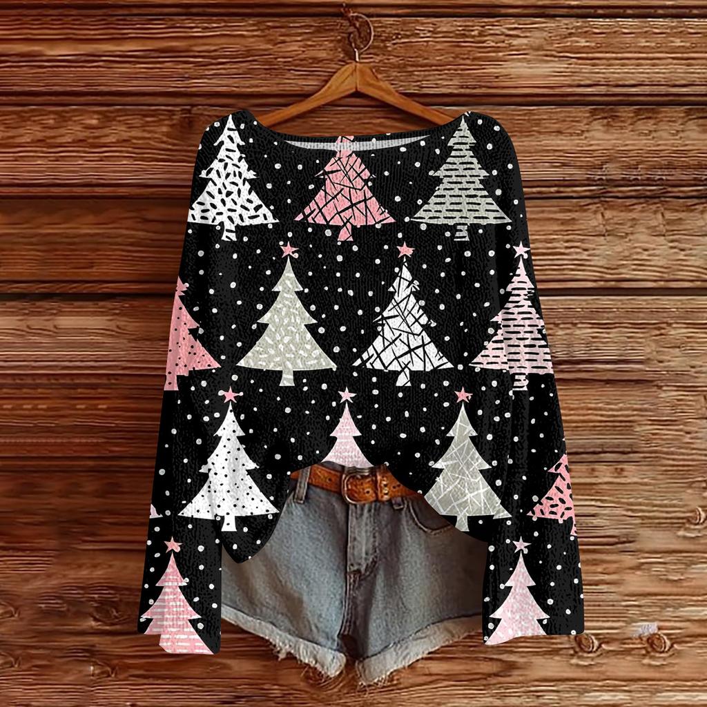 Women's Fashionable Oversized Knitwear Long-Sleeved Christmas Print Top
