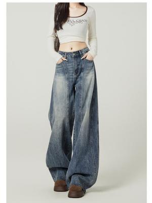 Jeans Feminino Americano Retrô Cintura Alta Azul Perna Larga