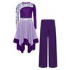 Girls Worship Dance Outfit Long Sleeve Printed Patchwork Irregular Hem Dress with Wide Leg Pants