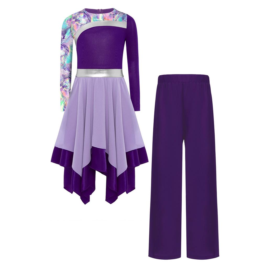 Girls Worship Dance Outfit Long Sleeve Printed Patchwork Irregular Hem Dress with Wide Leg Pants