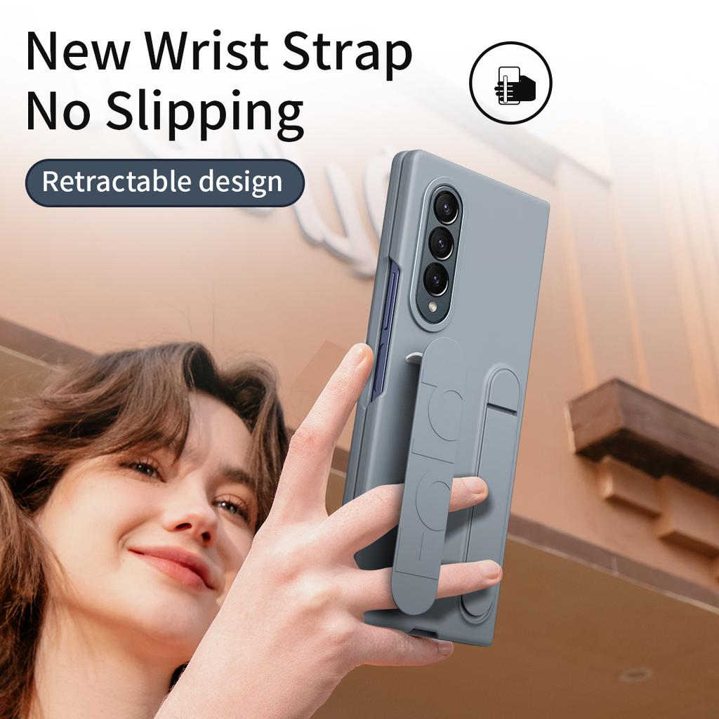 For Samsung Galaxy Z Fold4 5G Case with Tempered Glass Film Kickstand Wristband PC+Silicone Phone Cover