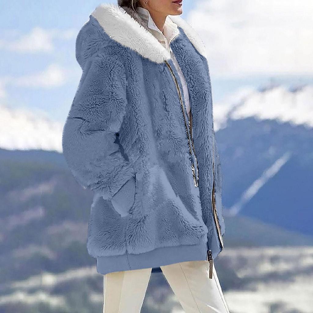 Chaqueta casual con capucha y cremallera de felpa holgada de color sólido para mujer con bolsillos
