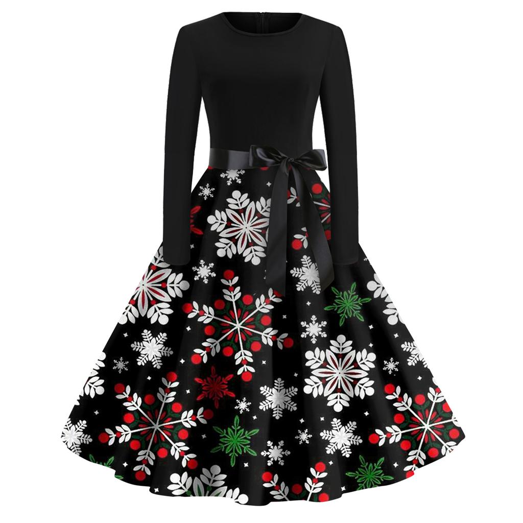 Christmas Print Flare Dress For Women Long Sleeve Dress Hollow Party Casual Dresses