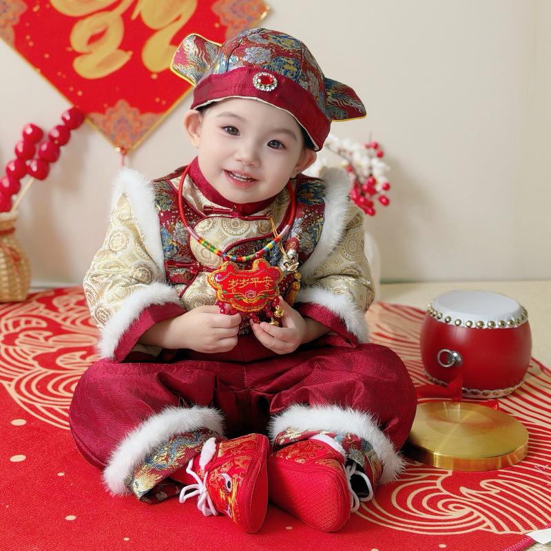 Children's Chinese Tang Suit: Boys' First Birthday Autumn/Winter Set with Grab-the-Week Hat & Festive Outfit