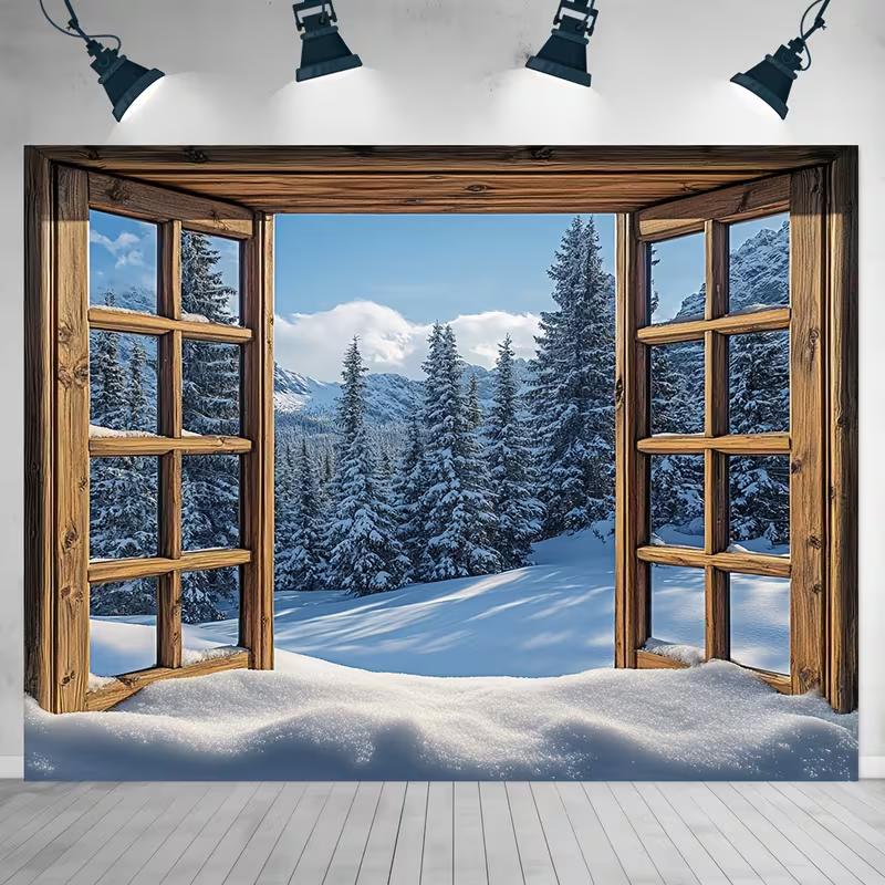 2D Rustic Window Snowy Forest Backdrop Winter Landscape Portrait Photography Background
