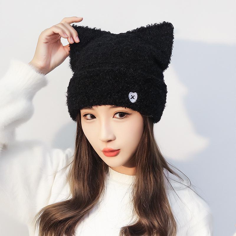 Sweet Cat Ear Knitted Hat: Autumn/Winter Warm, Cute Japanese Style with Heart Embroidery for Women