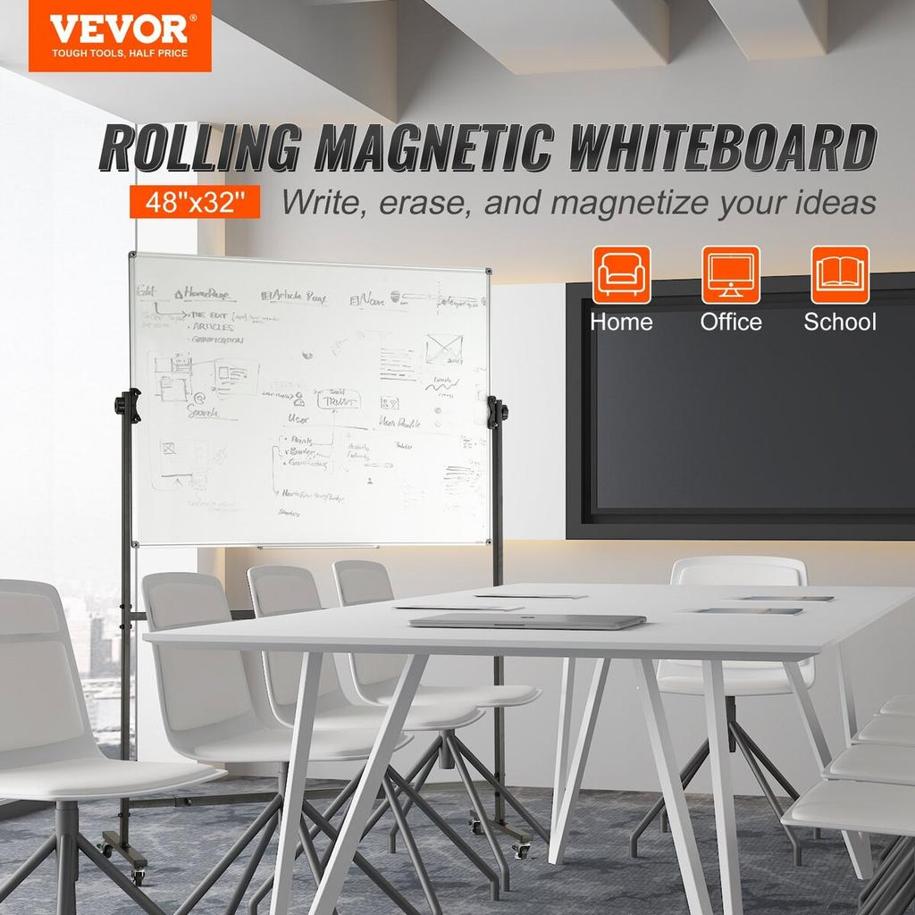 Rolling Whiteboard, 48x32 Inch Double-Sided Magnetic Mobile Whiteboard, 360° Reversible Adjustable Height Dry Erase Board with Wheels & Movable Tray