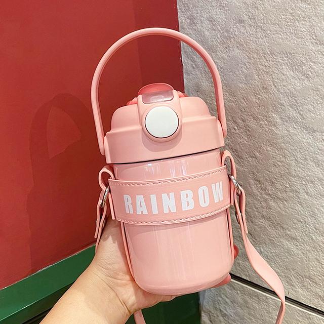 Updated Charming Double Drink Straw Thermo Water Bottle With Insulation Leather Case Kids Student Lightweight Coffee Bubble Tea Thermal Cup