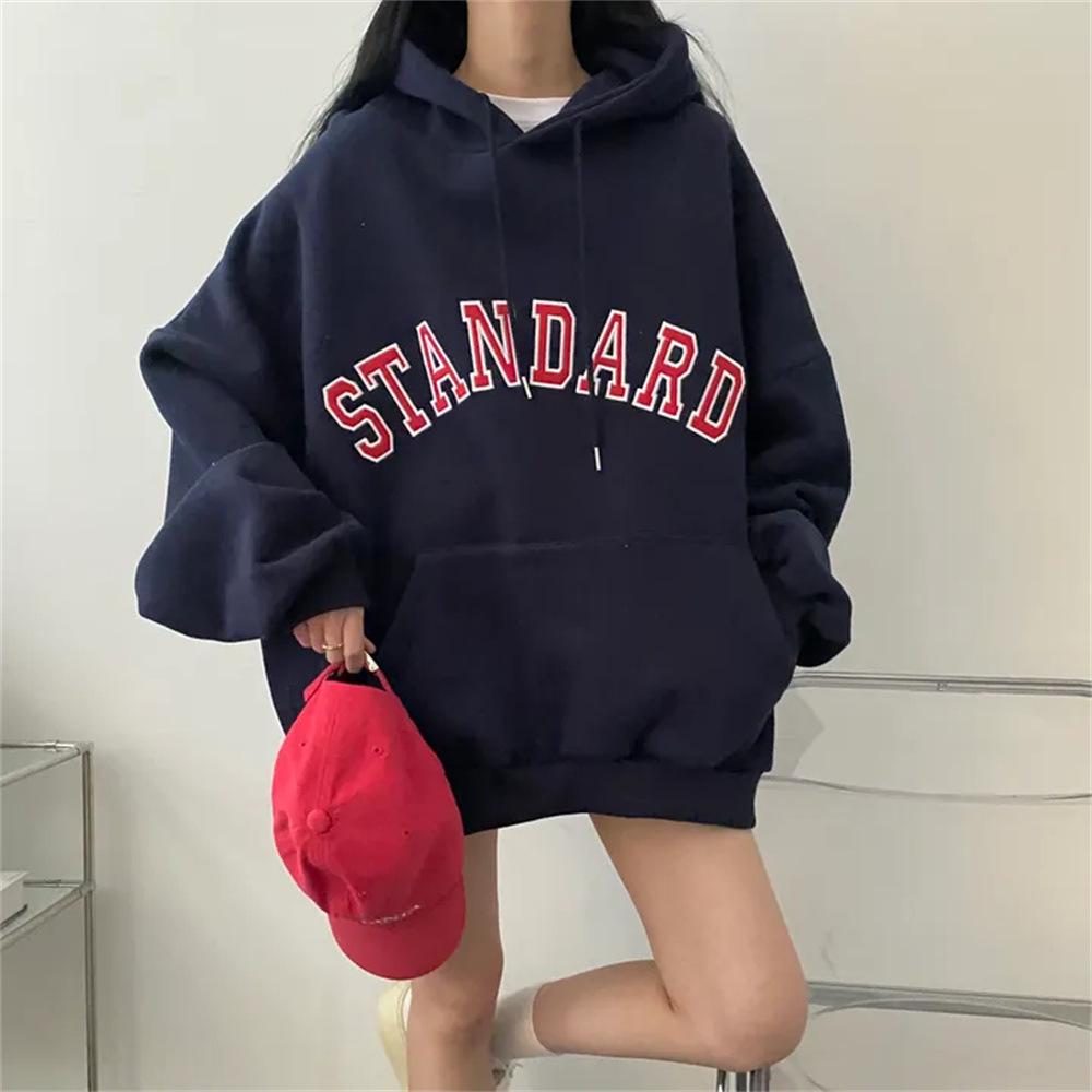 

Japanese Women s Fleece-Lined Hooded Sweatshirt - Autumn/Winter 2024 Trendy Letter Print Design, Korean Style Loose Fit. XXL