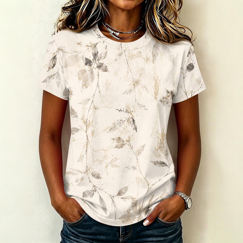 Women's Casual Pullover T Shirt Short Sleeve Round Neck Floral Print Top Lightweight Soft Fabric Relaxed Fit Tee for Everyday Wear
