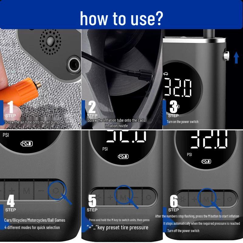 Wireless Portable Multi-functional Electric Car Tire Inflator Pump