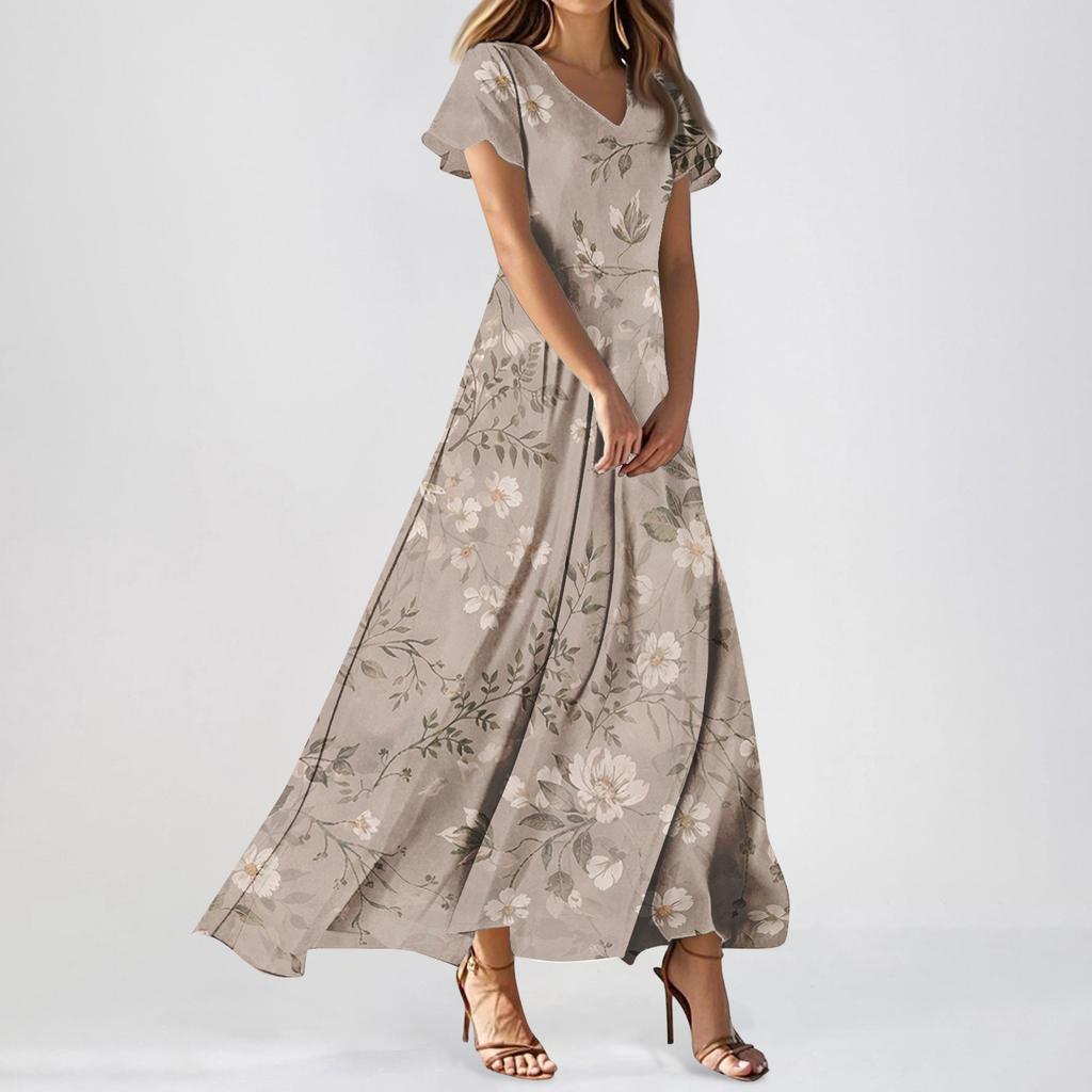 Women Casual Floral Print Maxi Dress V Neck Short Sleeve Lightweight Long Dress with Flowing Skirt for Everyday Wear