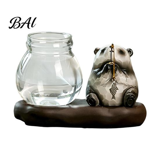 Glass Hydroponic Vase Set Leisure Fishing Frog/Cat/Panda/Bear Statue Ornaments, Clear Mini Vases Miniature Decorative Figurines for Tea Tables