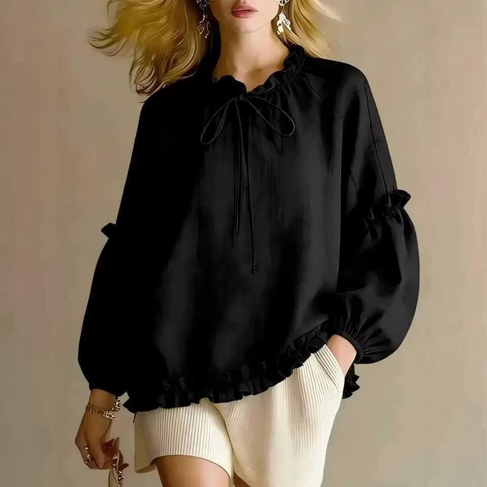 Spring and Autumn New Women's Casual Crew Neck Long Sleeve Loose Solid Color Top