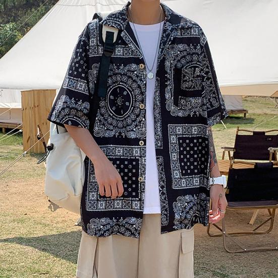 Women Shirt Lapel Short Sleeve Printing Shirt Tops Loose Fit Buttons Placket Casual Beach Vacation Tops