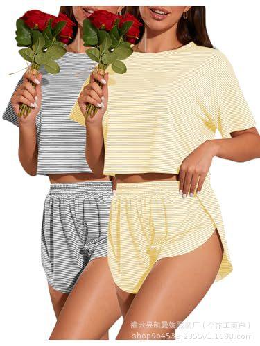 Women's Summer Pajamas Two-piece Set Striped Short Sleeve T-Shirt Split Shorts Loungewear