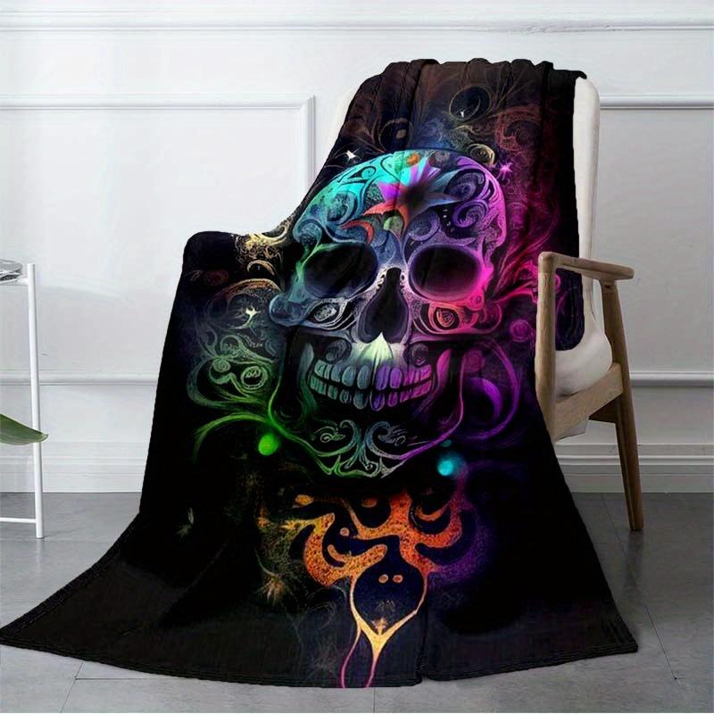 1 Piece Blanke Colorful Skull Car Interior Blanket Suitable For All Seasons Cozy Warm Soft Blanket Suitable For Sofa Bed Travel Camping Living Room