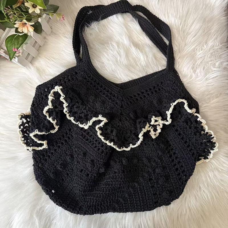 Trendy Handmade Crochet Bag Leisure Hollow Knitted Tote Bag Boho Large Capacity Weave Shoulder Bag Handbags чёрный