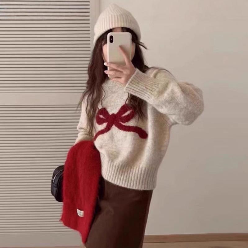 Mašľa Okrúhly výstrih Pulóver Spodná vrstva Sveter Dámsky Jeseň a Zima Malý Mäkký Lepkavý Základný Úplet