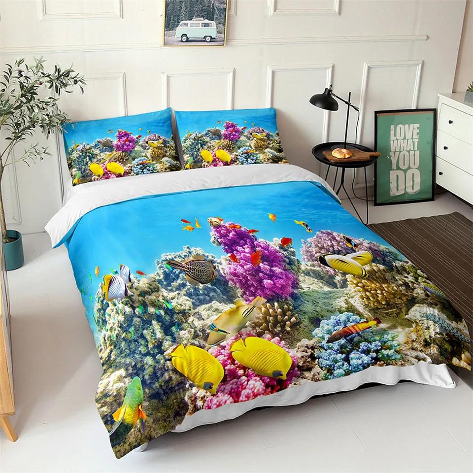 Comforter Ocean Blue Sea Fish 3D Printed Kids Bedding Set Queen King Nordic Ocean Landscape Soft Polyester Comforter