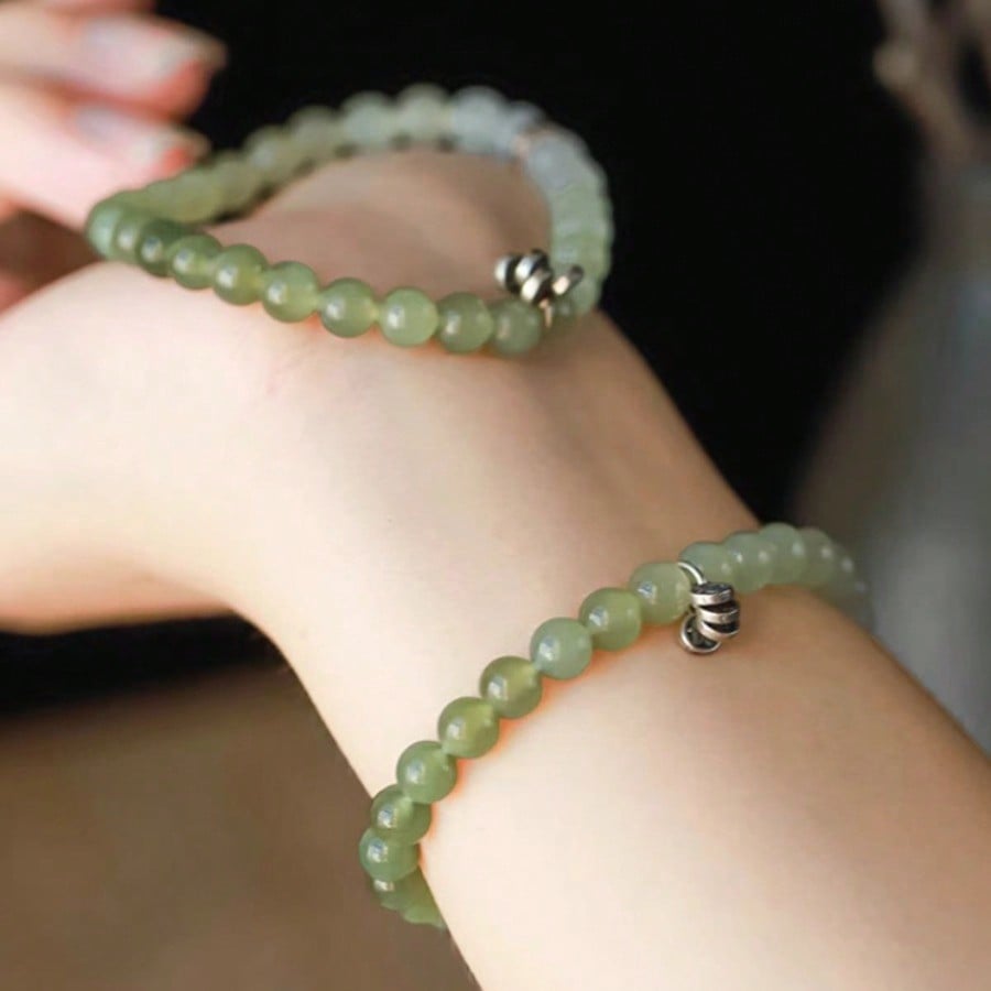 Hetian Jade Green and White Jade Gradual Change Bracelet New Chinese Literary and Retro Style Suisui Ping An Silver Blessing Bracelet