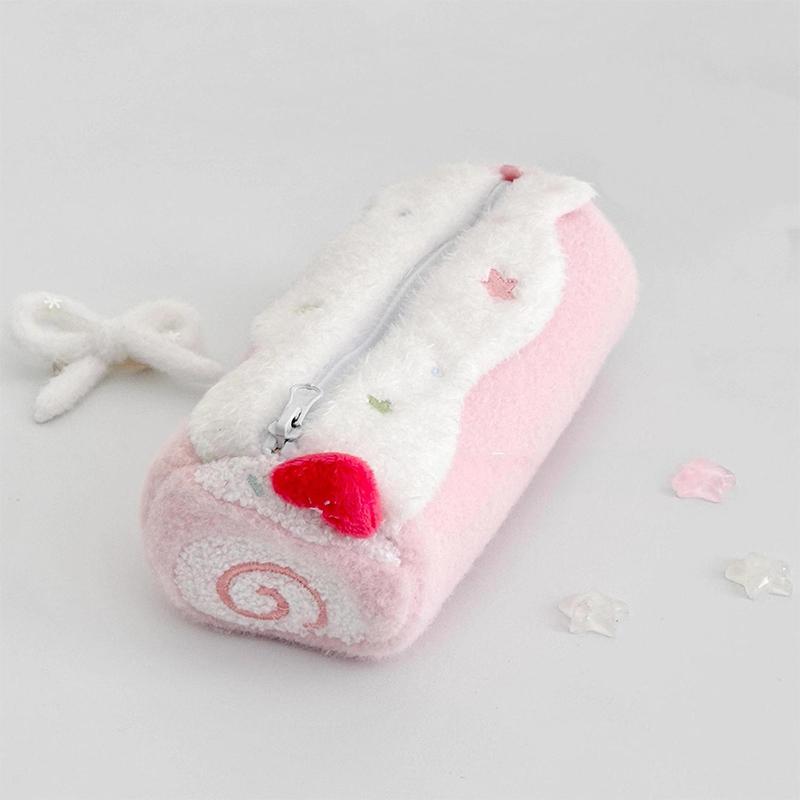 

New 1PC Cream Swiss Roll Plush Pencil Case Large Capacity School Student Stationery Storage Bag рожевий
