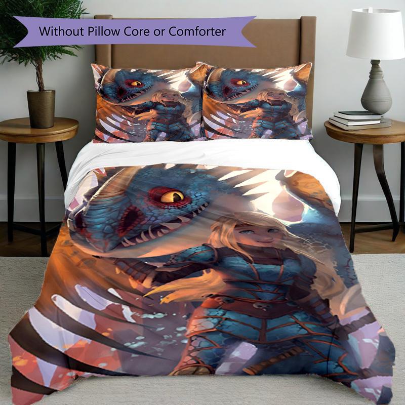 3pcs Duvet Cover Set (1*Duvet Cover + 2*Pillowcase, Without Core), How to Train Your Dragon Print Bedding Set, Bedroom Decor, All‑Season, Birthday Gif