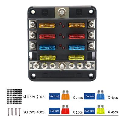 12V 32V Plastic Cover Fuse Box Holder M5 Stud With LED Indicator Light 6 Ways With Negative Bus Blade for Auto Car Boat Truck RV