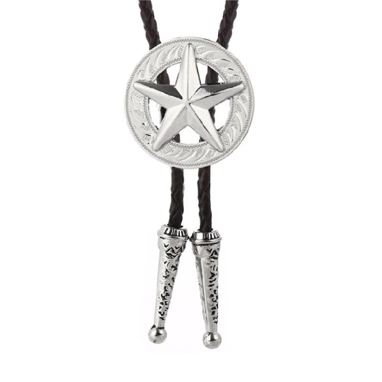 Western Cowboy Vintage Metal Star Badge Pendant Bolo Tie Braided Leather Rope Cord Necktie Necklace Jewelry Neckwear