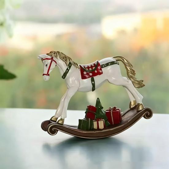 Hand-painted Rocking Horse Statue Vintage Wooden Horse Figurine Resin Pony Sculpture Home Office Desktop Decoration