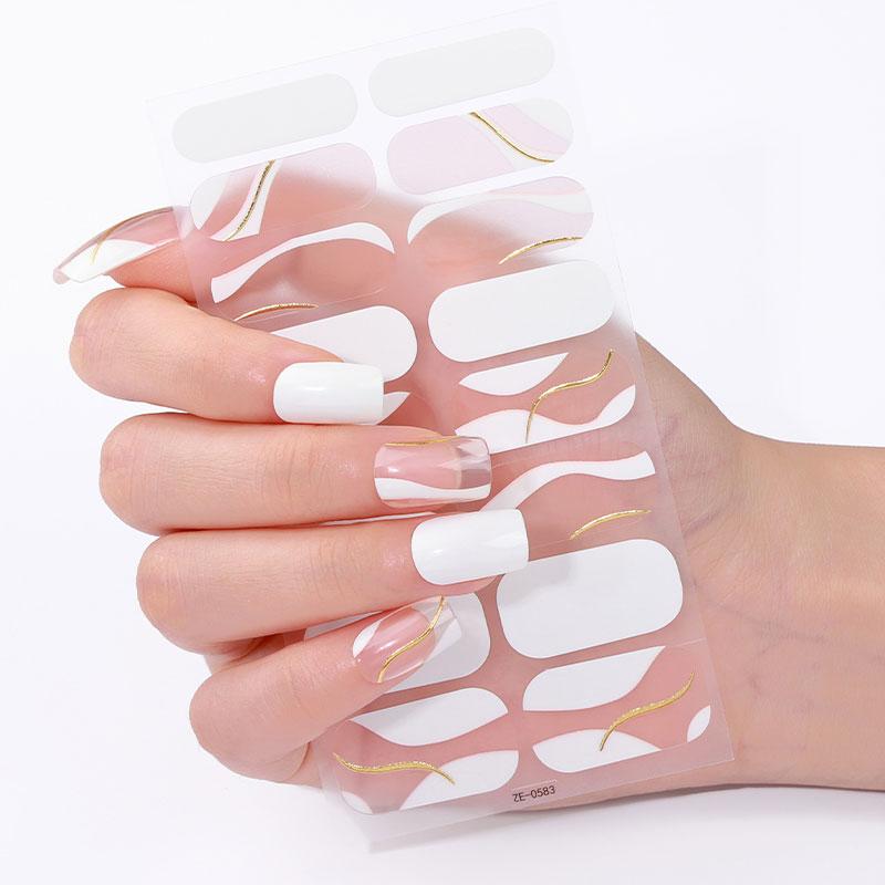 16Tips French Full Cover Nail Stickers DIY Nail Polish Strips Gold Lines Self Adhesive Nail Art Stickers Manicure Decoration