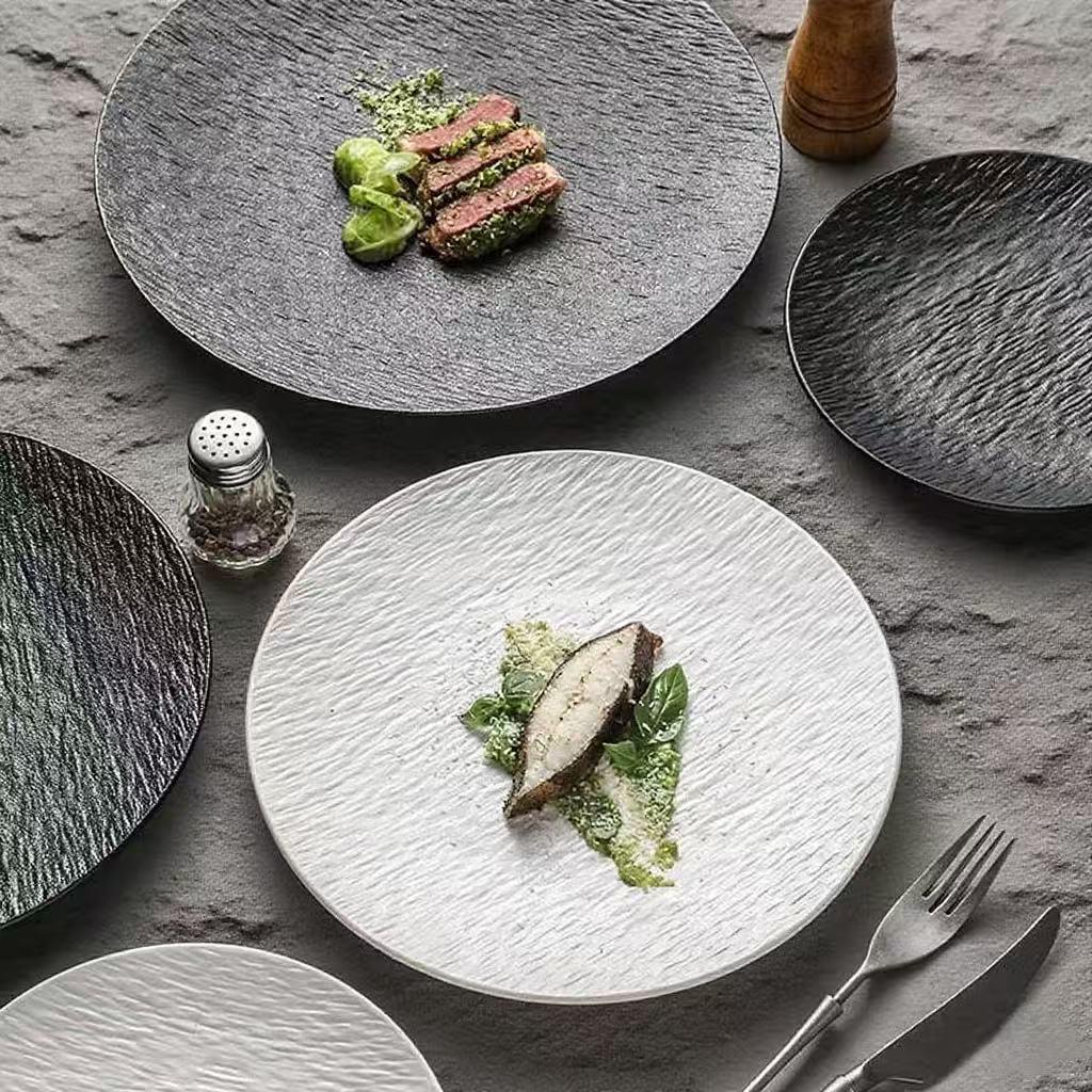 Nordic Style Large Frosted Stone Texture Ceramic Steak Plate - Round, Shallow, Light Luxury Design
