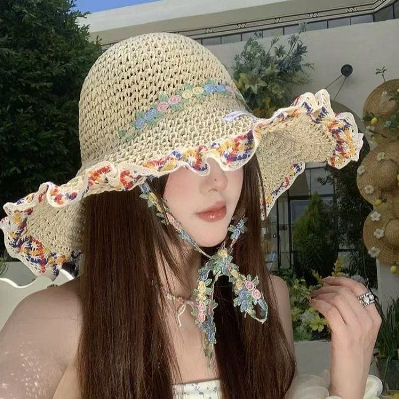Big Brim Straw Hat Women's Summer Seaside Beach Vacation Ethnic Style Straw Bucket Hat Sunshade Sun Hat