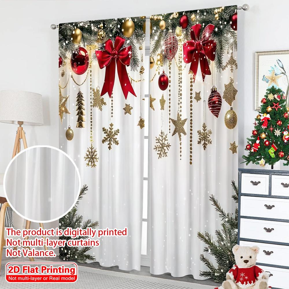 2D Flat Printing 2pcs Merry Christmas Curtain Red Bow Durable 100% Polyester Fabric Without Electricity Spring Party & Holiday