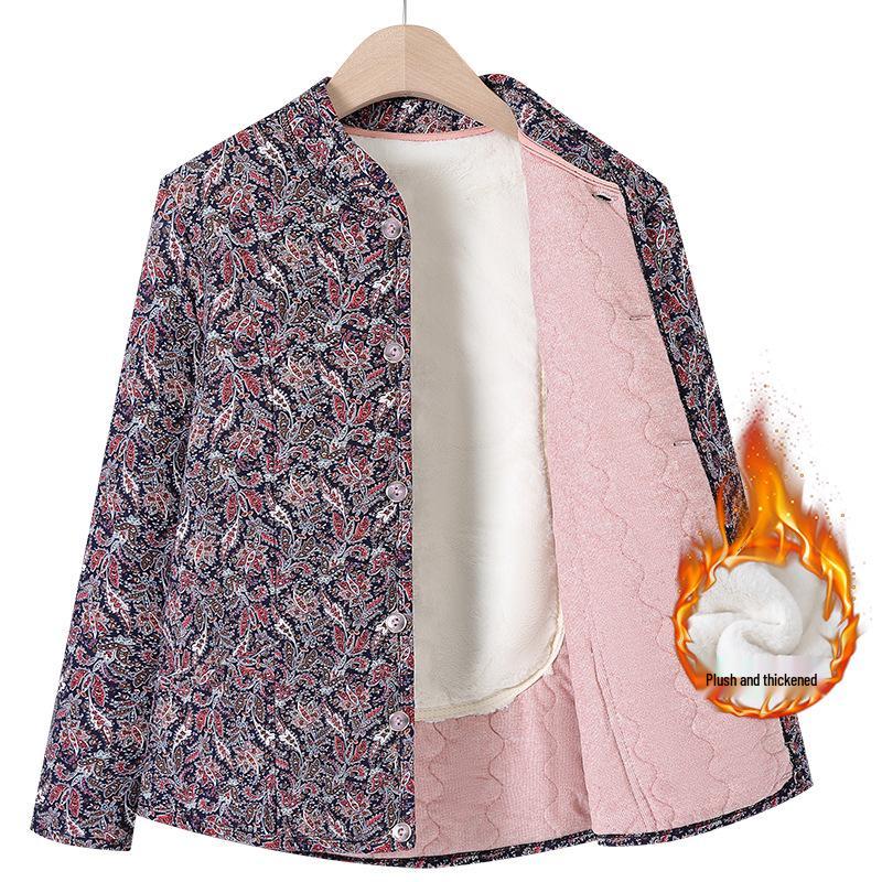 Grandma's Winter Floral Cotton Jacket with Velvet Lining - Warm, Thickened, Small Size for Elderly Women