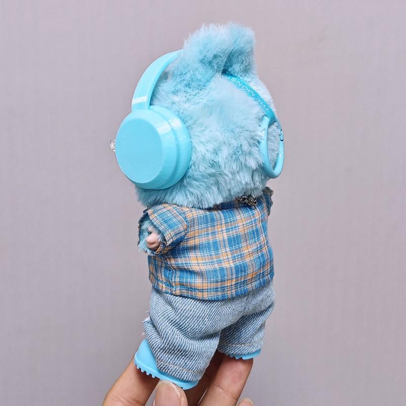 17cm Labubu Doll Outfit Set Blue Plaid Shirt White Tee Ripped Jeans Necklace Glasses Headphones Shoes 7pcs