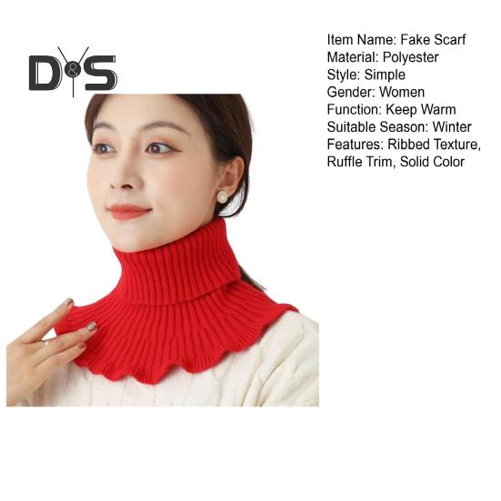 Damski szalik z wysokim kołnierzem, prążkowana faktura, falbaniasta lamówka, jednolity kolor, dziergany kołnierz, jesień, zima, pogrubiony, ciepły, fałszywy kołnierz