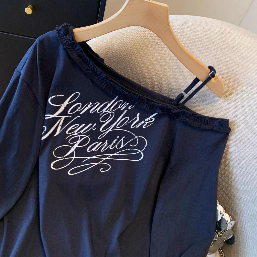 Women's Plus Size Off-Shoulder Letter Print Long Sleeve Lace Top