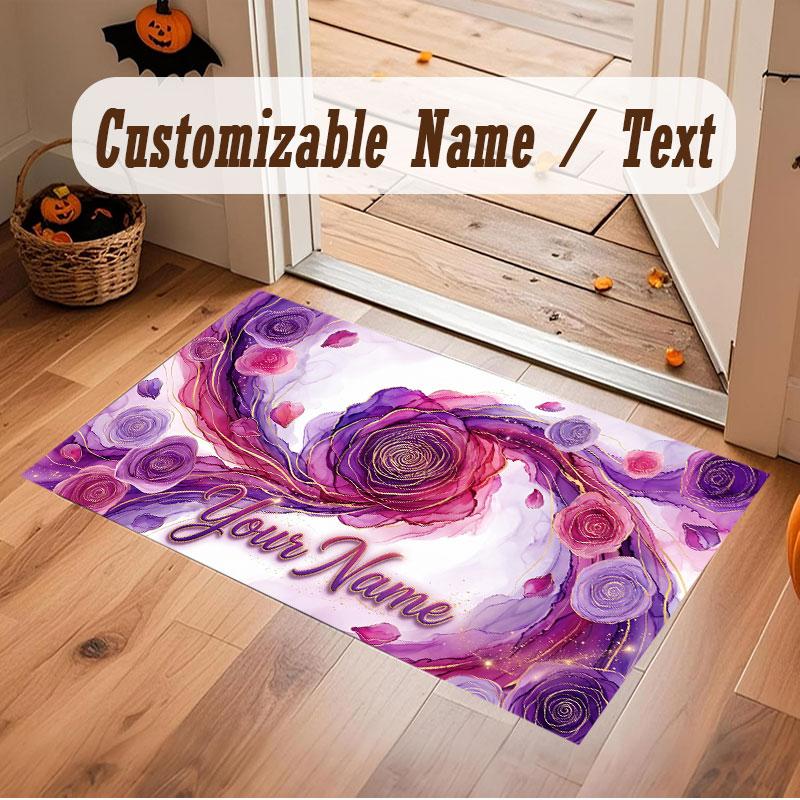 Floral Garden Theme Crystal Velvet Floor Rug Personalized Custom Name Text Warm Carpet Home Decoration