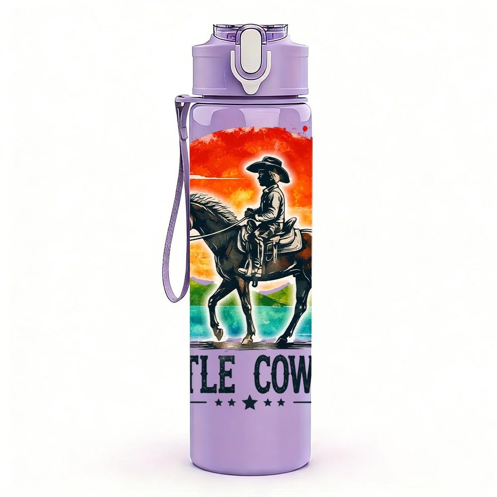 1PC Little Cowboy Horse Rider Western Print 750ml Color Plastic Sports Water Bottle Leakproof Flip Straw Lid Suitable for Sports Office Home Use