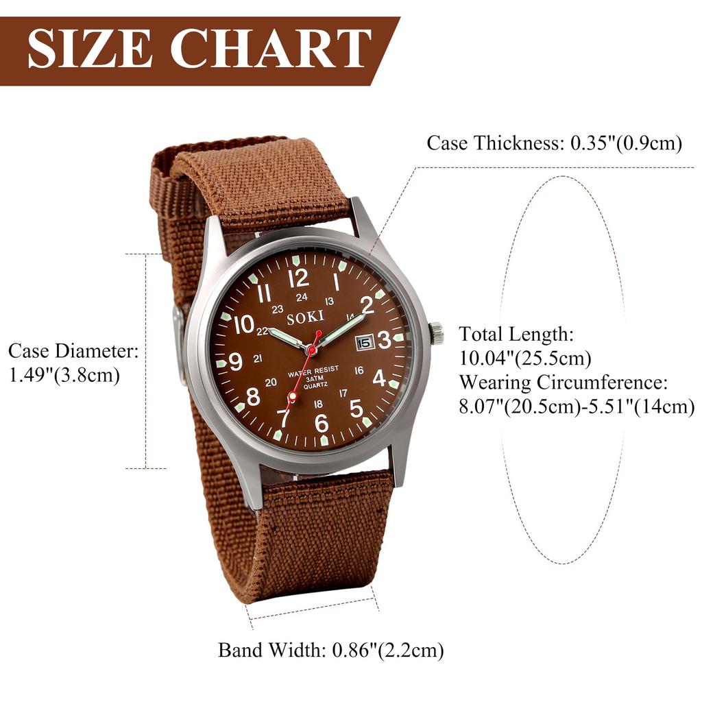 Kalender Leuchtend Analog Einfach und Stilvoll Sport Quarz Braun Nylon Modeaccessoire Perfektes Geschenk für Tag Herren Armbanduhr im Antik-Stil, Wasserdicht