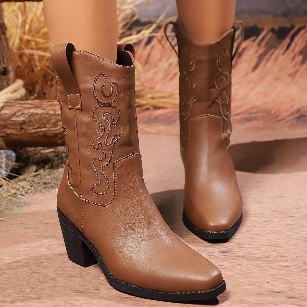 Fashion Retro Pointed-Toe Western Cowboy Boots Thick Heel British Style Embroidered Mid-Calf Knight Leather Boots Versatile Knight Boots