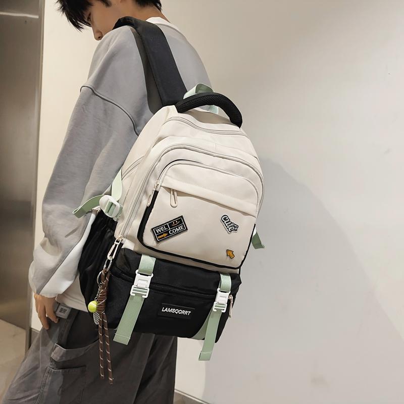 Color Block Schoolbag Middle School Student Backpack Men Women Large Capacity Backpack
