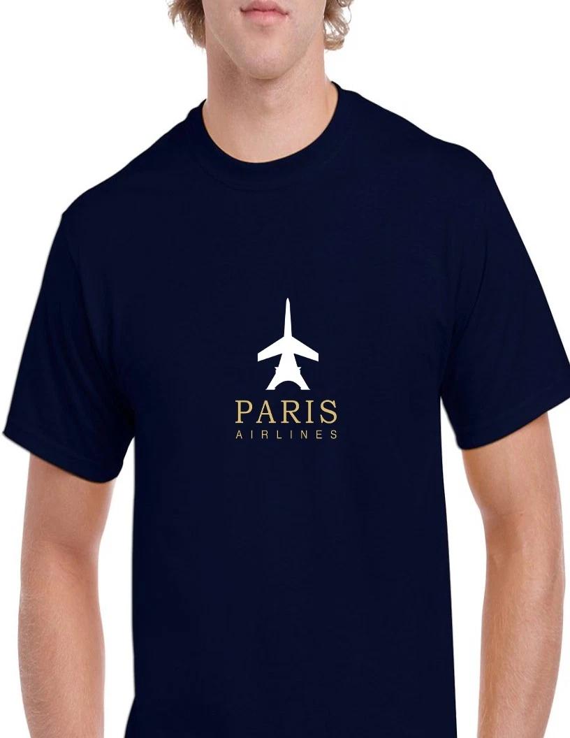 Paris Airlines White Gold Logo French Aviation Navy Blue Cotton T-Shirt S