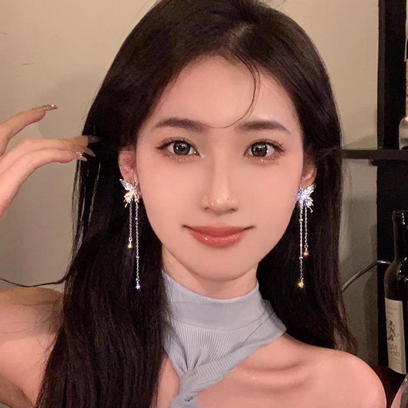 "925 Silver Long Tassel Zircon Bow Earrings for Women - Light Luxury & Versatile Design"