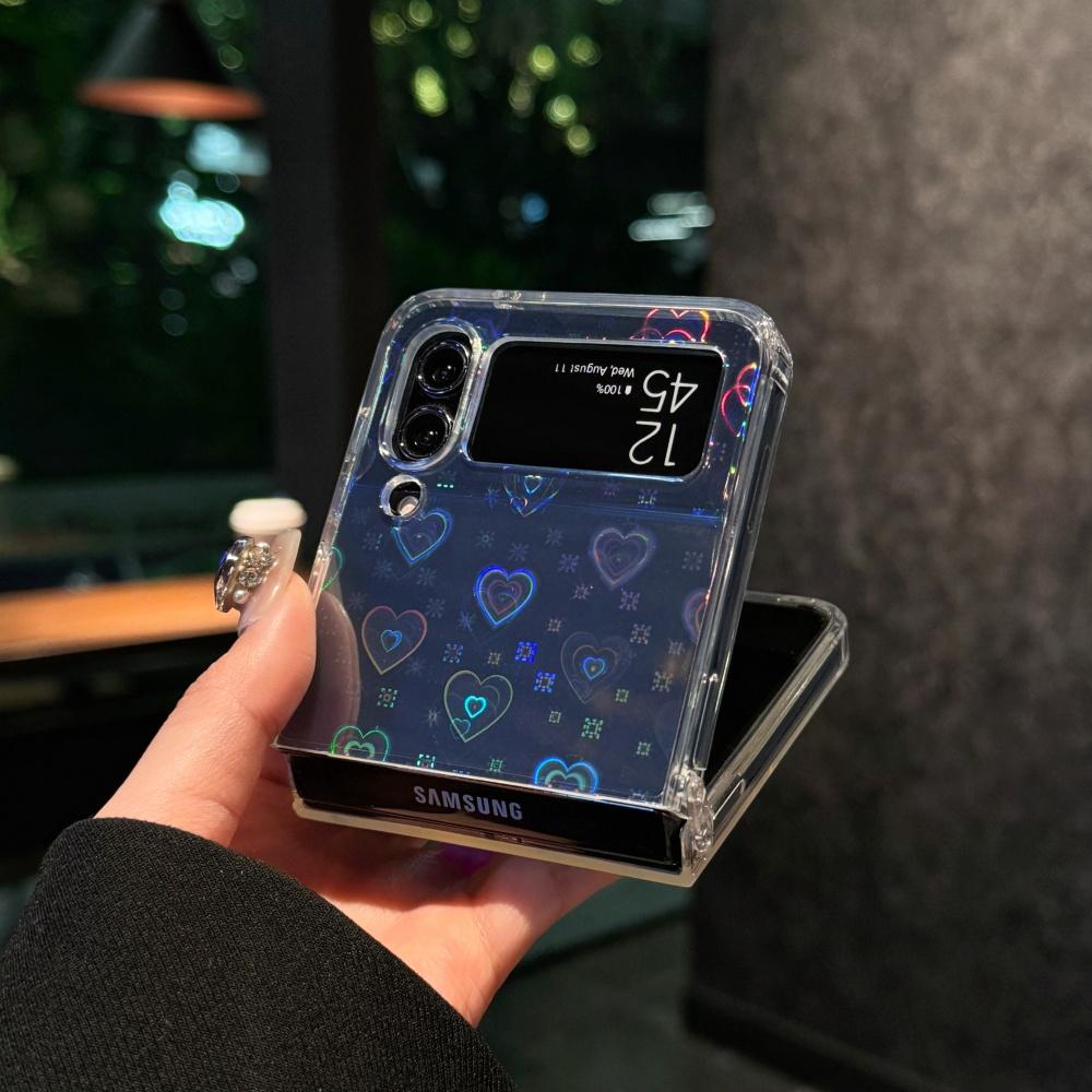 Luxury Laser Heart Flash Phone Case For Samsung Galaxy Z Flip 6 5 4 3 Zflip6 Zflip5 Zflip4 Zflip3 Transparent Folding Funda