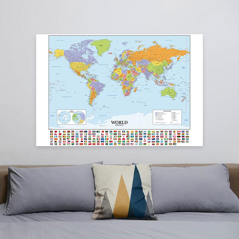 Large Political World Map Poster with Country Flags Educational Wall Art Chart for School Classroom Office Home Decor